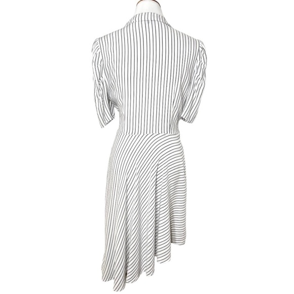 1. State White Pinstripe Tie Waist Asymmetrical High Low Short Sleeve Shittdress - Picture 8 of 12